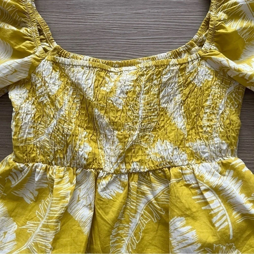 Sim & Sam Palm Print Cropped Top Puff Sleeve Yellow Chartreuse Tropical Boho S - Picture 6 of 10